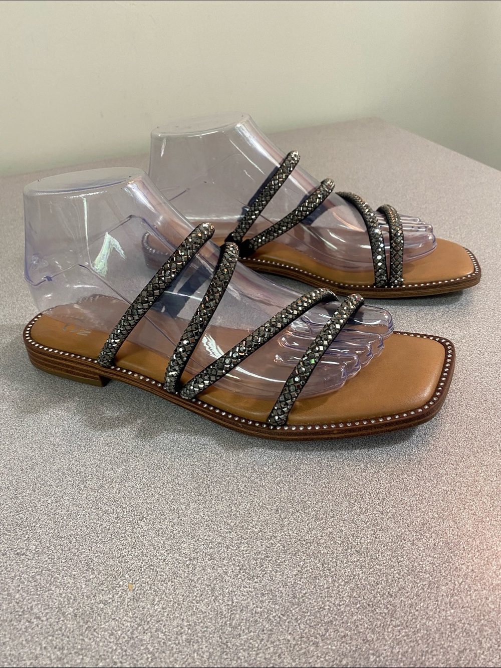Black Studded Selina Slide Sandals with Tan Footbed